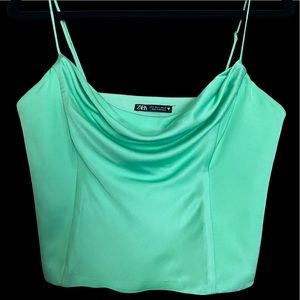 Small Green Satin Cowl Neck Crop Top